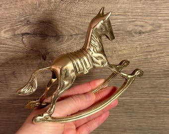 Vintage Solid Brass Small Rocking Horse Statue Figurine | Equestrian Home Decor | Nursery & Child's Room Accessories | MCM Pony Collectibles