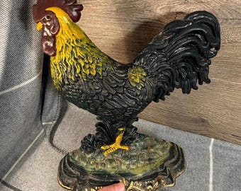 Vintage Cast Iron 2.7kg Large & Heavy Rooster Door Stop | 30cm Tall Painted Metal Cockerel | Country Farmhouse Decor | Rustic Farmyard Bird