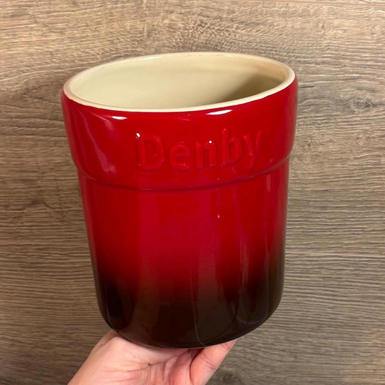 Preloved Denby Cherry Red Stoneware Oval Embossed Utensil Pot with Cream Inner | Ombré Kitchen Decor | Storage Holder Stand Kitchenalia Pots image 1