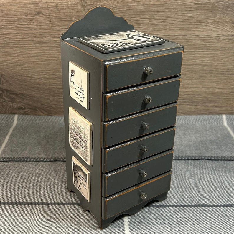 Preloved Shabby Chic Grey Table Top Chest of Drawers Tall Petite Cabinet Jewellery Storage Box | 6-Drawer Wooden Vanity Dressing Table Decor image 4