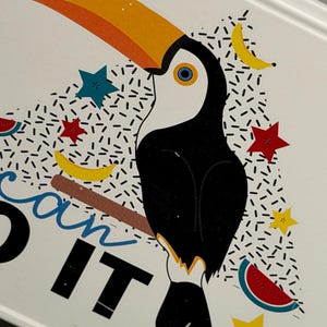 May include: A white surface featuring a graphic illustration of a toucan with a large orange beak, perched on a brown branch. The design includes yellow bananas, red and blue stars, and watermelon slices, with the partial text "can IT" in black and blue.