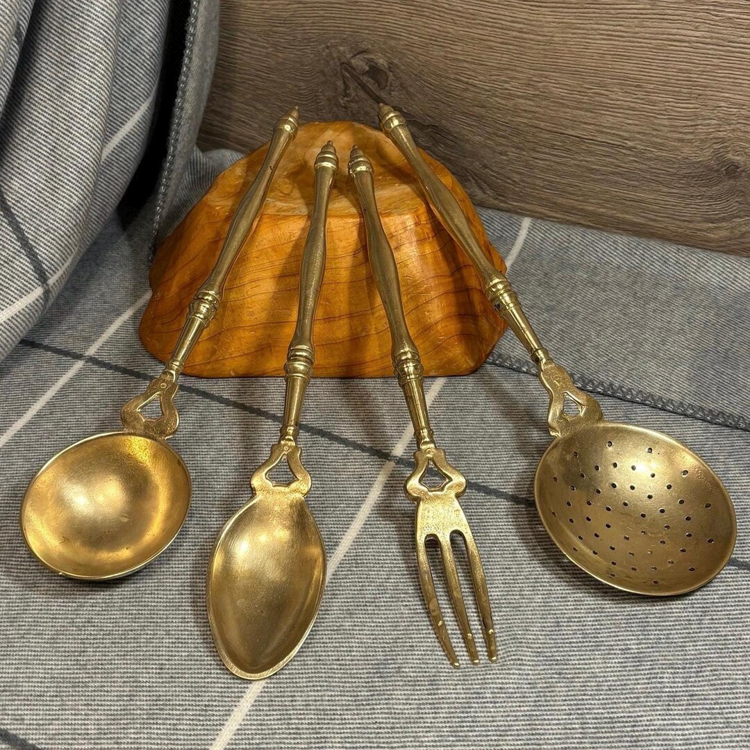 Vintage Solid Brass Folk Cooking Utensil Set of 4 | Retro Village ...