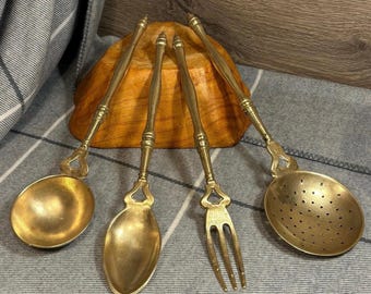 Vintage Solid Brass Folk Cooking Utensil Set of 4 | Retro Village Kitchenalia | MCM Rustic Farmhouse Kitchen | Mid Century Cottage Nostalgia