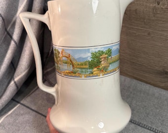 Vintage Cambridge Orientally Inspired Large Tall Heavy Pitcher Jug Vase | English Floral Pottery Collectibles | Oriental & Asian Home Decor