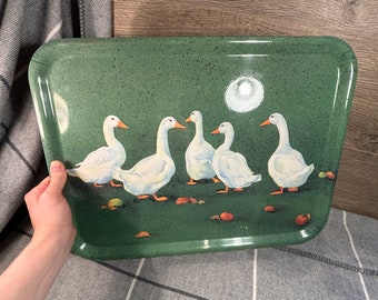 Vintage Wilscombe Wellington Somerset England Large Oblong Green & Five White Geese Farmhouse Serving Tray | Swan, Goose and Duck Bird Decor