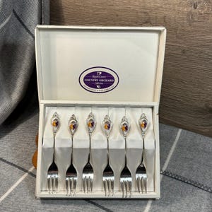 Puede incluir: Un juego de seis tenedores plateados con mangos de porcelana que presentan un diseño de huerto de campo. Los tenedores están en una caja blanca con las palabras "Royale Country Country Orchard Collection Silverplated & Fine Porcelain" impresas en la tapa.