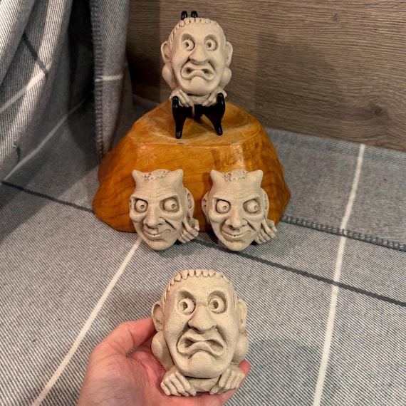 Vintage Set of 4 Gargoyle Faces Small Carved Stone Wall Hanging Plaques Made in Gt Britain | Grotesque Masonry Collectible | Gothic Folklore