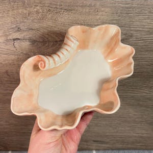 May include: A ceramic dish shaped like a seashell with a ruffled edge and a curled handle. The dish is a light peach colour with a white interior.