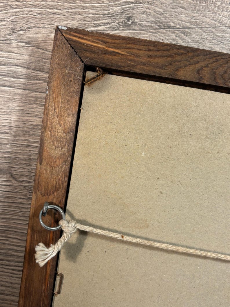 May include: A wooden picture frame with a dark brown finish. The back of the frame is visible, showing a light brown backing and a metal ring for hanging. A beige rope is attached for hanging.