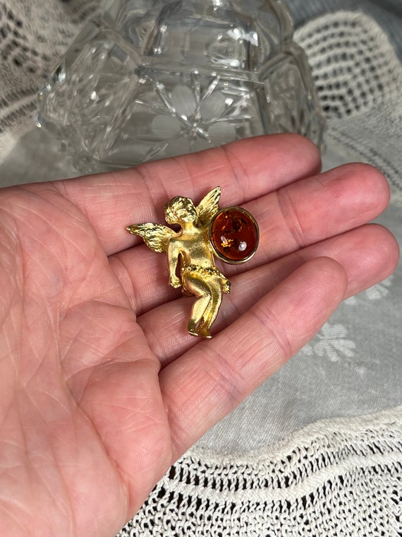 Broche Vintage Métal Doré Et Cabochons Strass - Signée, élégante