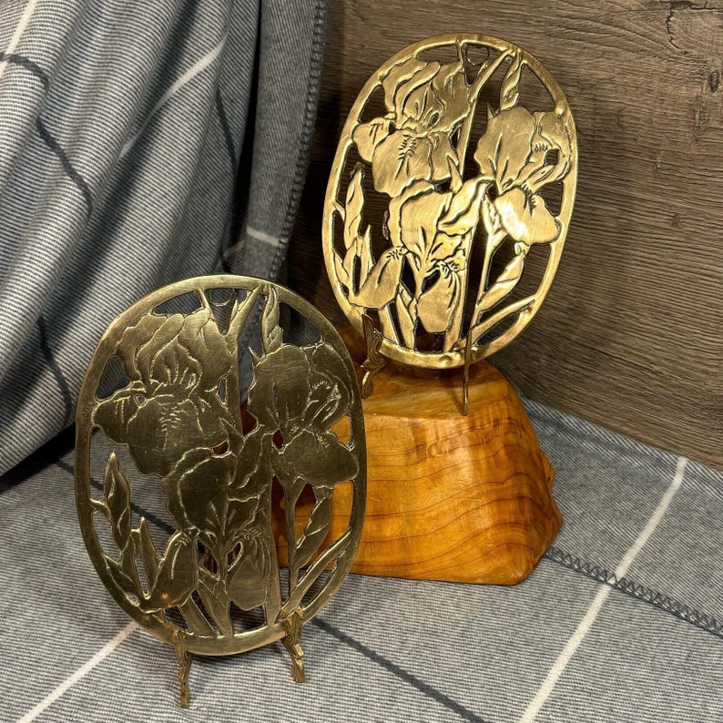 Vintage Solid Brass Two Lillian Vernon Iris in Bloom Hot Plate Trivets Wall Hanging Decor | Florist, Gardener & Botanical Home Collectibles
