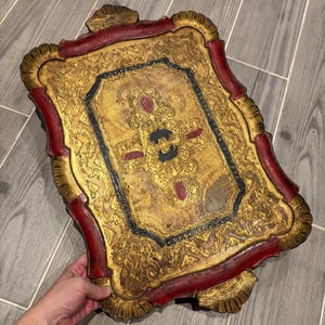 Bandeja rectangular florentina italiana vintage / Tallado en madera artesanal tradicional italiano / Lujo rústico mediterráneo / Servidor oblongo rojo dorado