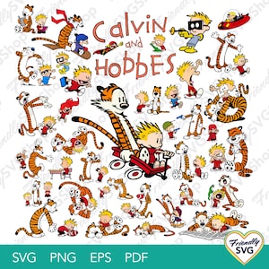 Puede incluir: Una colección de ilustraciones digitales que muestra a Calvin y Hobbes en varias poses, incluyendo montados en un vagón rojo, volando y jugando. El texto Calvin and Hobbes está centrado en rojo. Los personajes son de color naranja, negro y blanco.