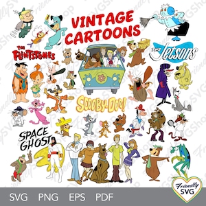 Puede incluir: Una colección de personajes de dibujos animados vintage, incluyendo Scooby-Doo, Los Picapiedra, Los Supersónicos y Space Ghost. La imagen presenta varios personajes coloridos, con el texto "Vintage Cartoons" y "Scooby-Doo!"