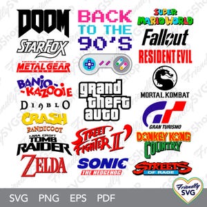 May include: A selection of classic video game logos, such as "Doom," "Back to the 90's," "Super Mario World," "Fallout," "Resident Evil," "Metal Gear Solid," "Banjo-Kazooie," "Grand Theft Auto," and "Mortal Kombat." A game controller is also featured.