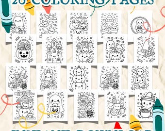 May include: A collection of 20 Halloween-themed coloring pages, each featuring unique black and white illustrations of ghosts, pumpkins, bats, and other spooky characters. The words "20 COLORING PAGES" and "INSTANT DOWNLOAD" are displayed.