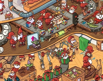 May include: An illustrated scene of Santa's workshop, filled with numerous Santas in red suits and hats. The workshop is multi-level, with various activities like gift-making, conveyor belts, and a bus. The overall theme is Christmas and holiday preparations.