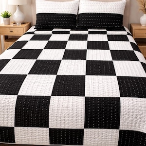 Black & White Patchwork Kantha Quilt, Handmade Cotton Blanket, Reversible Lightweight Bedspread, Boho Bedding Throw.