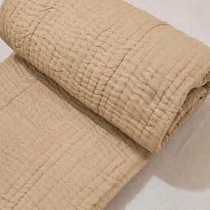 Handmade Beige Kantha Quilt, Handstitched Cotton Blanket, Queen Size Bedspread, Indian Boho Bedding Throw.