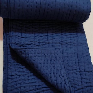 Indigo-Blue Kantha Quilt, Handmade Cotton Blanket, King Size Bedspread, Lightweight Summer Blanket.