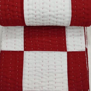 Red & White Patchwork Kantha Quilt: Handmade Indian Cotton Blanket