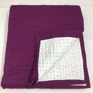 Reversible Dark-Purple Kantha Quilt, Handmade Cotton Blanket, Handstitched Bedspread, Boho Bedding, King Size Quilt.