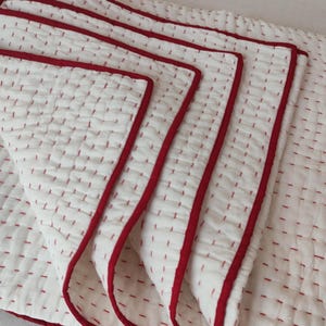 White Kantha Quilt, Handmade Cotton Bedspread, Red-Stitch Boho Bedding Throw, Indian-Kantha Queen-Size Blanket.