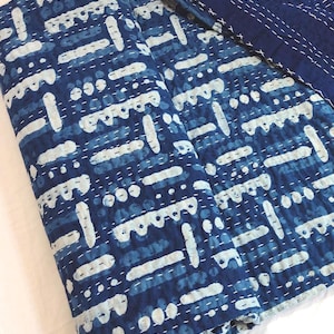 Handmade Indigo Kantha Quilt, Cotton Reversible Bedspread, Bohemian Bedding, Hand Block Printed Blanket, Ethnic Blue Throw, Kantha Blanket