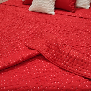 Both Side Red With White Thread Kantha Quilt, Solid Kantha Blanket, Handmade Kantha Quilt, Light Weight Kantha Quilt, Cotton Blanket, Boho