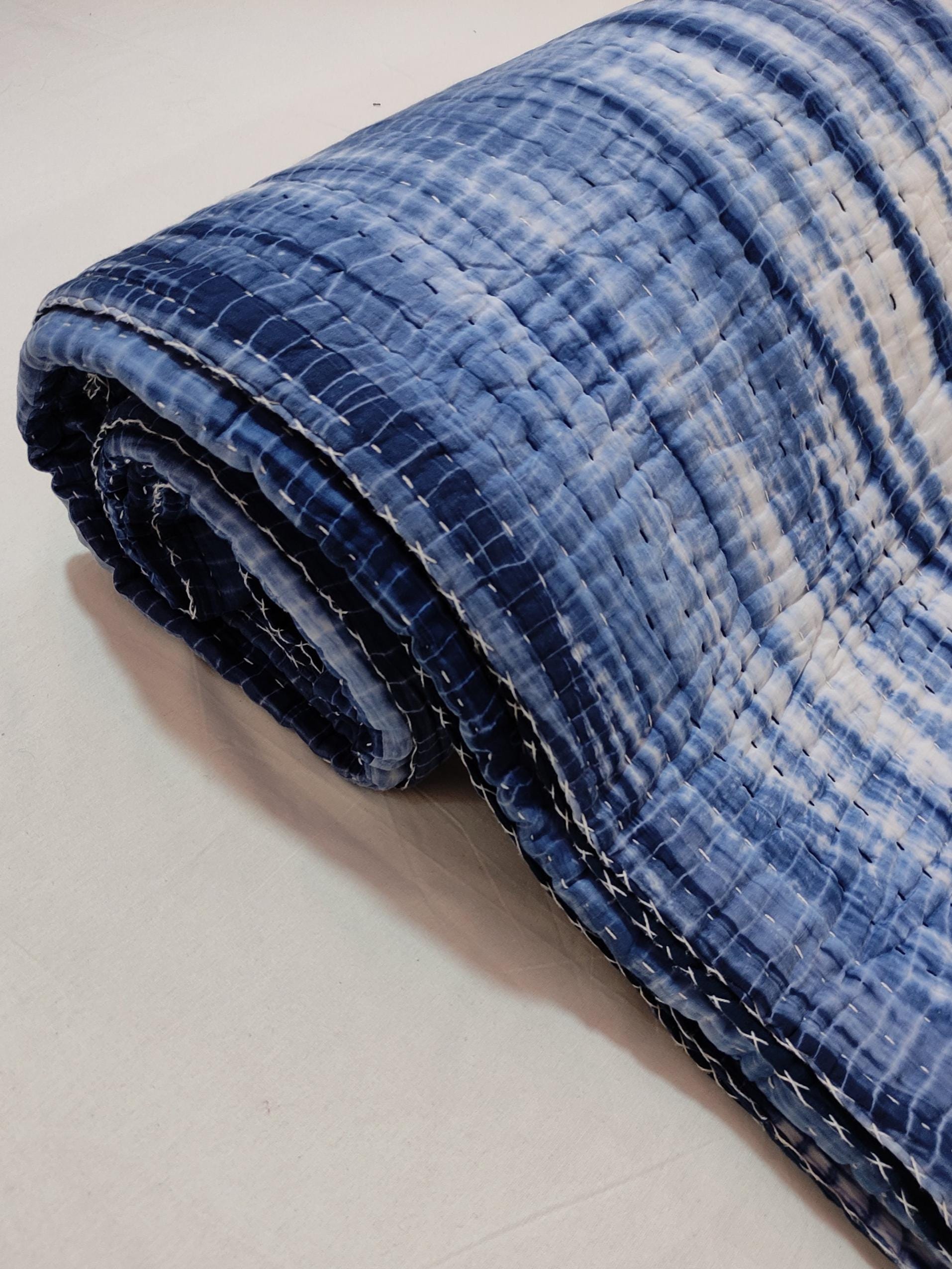 Indigo & White Shibori Kantha Quilt, Handmade Cotton Blanket, Hand Stitched Quilt, Bohemian Bedding, Reversible Handmade Quilt, Kantha Quilt
