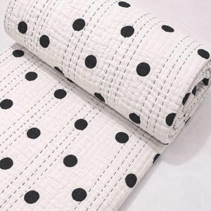Black Polka-Dot Kantha Quilt, Handmade Cotton Blanket, Handstitched Indian Quilt, Queen Size Boho Bedding.