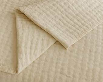 Cream Handmade Kantha Quilt, Minimalist Cotton Blanket, Hand Stitched Indian Kantha Blankets