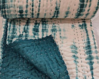 Tie Dye Kantha Quilt, Cotton Kantha Quilt, Hand Dyed Kantha Blanket, Reversible Kantha Quilt, Bohemian Coverlet, Soft Cotton Throw, Boho