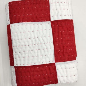 Handmade Red-white Kantha Quilt, Patchwork Cotton Blanket, Indian Reversible Queen Size Bedspread, Boho Bedspread.