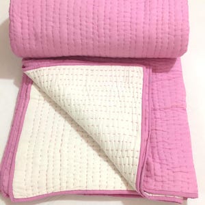 Reversible Quilt, Soft Cotton Quilt, Kantha Stitched Cotton Blanket, Handmade Kantha Blanket, Light Pink Kantha Quilt, Light Weight Blanket.