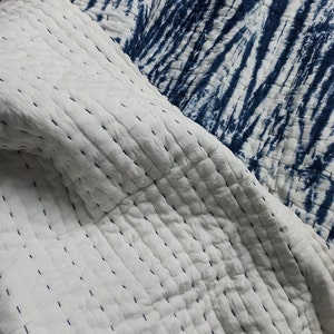 Soft Blanket Quilt, Tie Dye Cotton Kantha Quilt, Hand Dyed Reversible White Throw, Hand Stitched Quilt, Pure Cotton Kantha Quilt AOK029 image 2