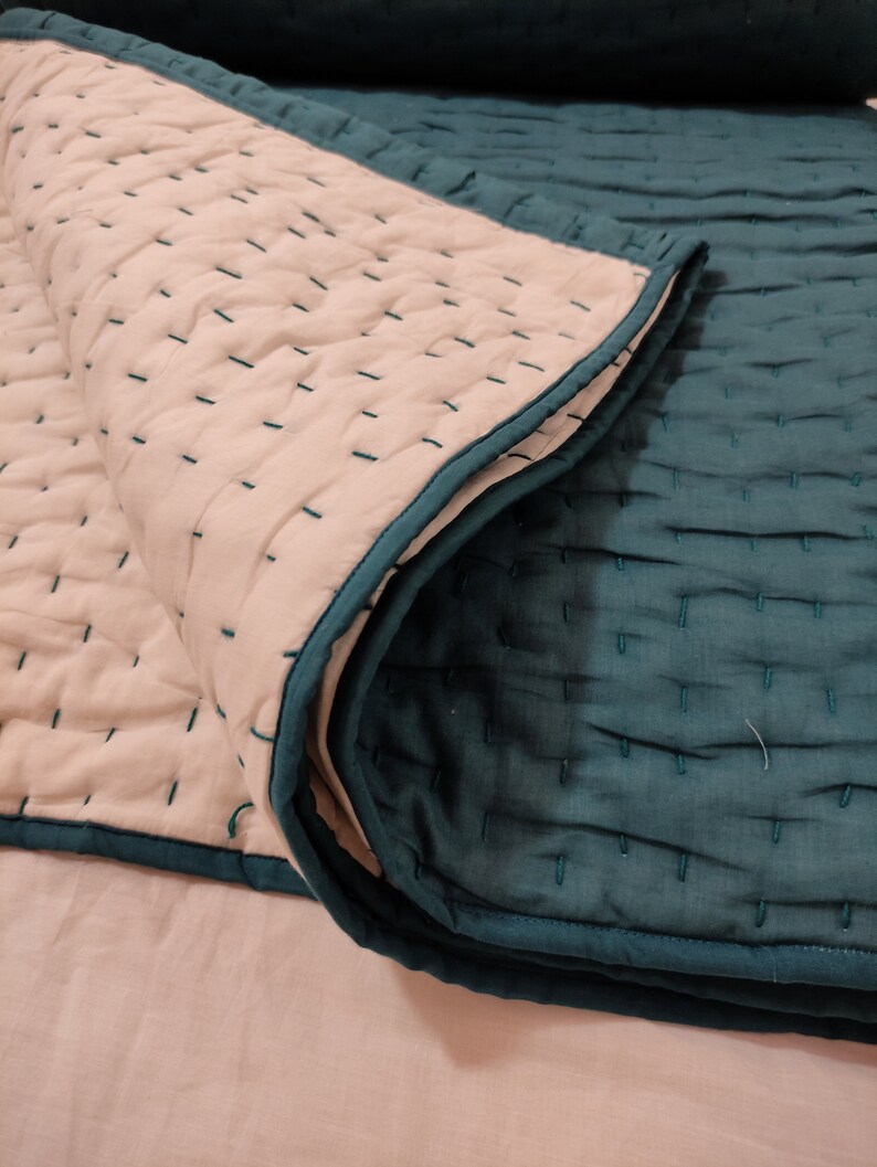 Teal Green Reversible Kantha Quilt, Handmade Kantha Quilt, Hand