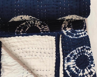 Indigo Kantha Quilt, Handmade Tie Dye Cotton Blanket, Boho Throw Quilt, Reversible Bedspread, Blue White Quilt, 100% Cotton Kantha Blankets