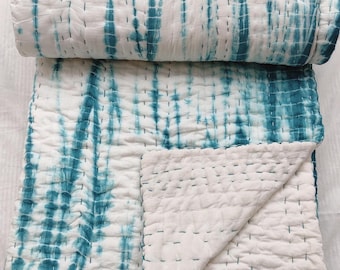 Handmade Tie Dye Kantha Quilt, Blue & White Cotton Blanket, Boho Throw, Reversible Bedding, Queen Size Quilt, Light Weight Kantha Quilt