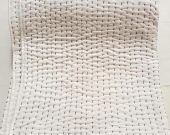 White Handmade Kantha Quilt with Black Stitching, Hand Stitched Cotton Blanket, Vintage Indian Bedspread.