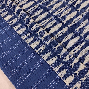 Fish Pattern Cotton Bedspread, Blue & White Reversible Throw Blanket, Handmade Indigo Block Print Kantha Quilt, Bohemian Bedding, Queen Size