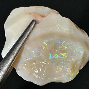 May include: A white opal with iridescent flashes of color. The opal is rough and has a natural, irregular shape.