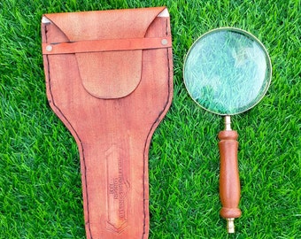 Beautiful Vintage Magnifying Glass Wooden Handle & Brass Frame with Leather case, Best for Book Reading, Map Design, Office Work