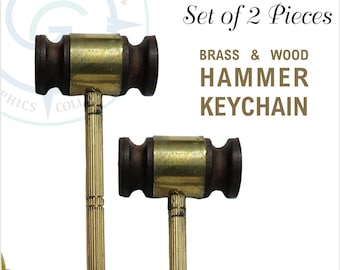 Brass & Wood Hammer Keychain - Golden Finish (Set of 2 Pcs.)