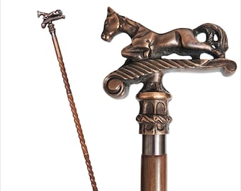 Antique Brass Horse Handle Walking Cane: Spiral Rosewood Shaft