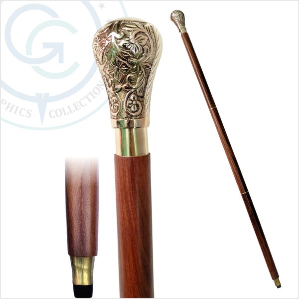 Antique Walking Stick Cane with Brass Designer Knob Handle, Vintage Style Beautiful Adjustable Cane Stick, Wooden Walking Stick Cane