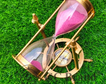 Brass Hourglass Sand Timer with Compass Wheel Base: Nautical Decor