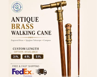 Engraved Brass Walking Cane with Telescope and Compass, Steampunk Victorian Stick