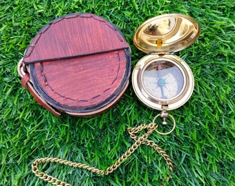 Nautical Brass Compass with Chain and Leather Case : Camping Hiking Gift