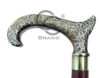 Carved Brass Handle Walking Cane: Victorian Derby Style Wooden Walking Stick